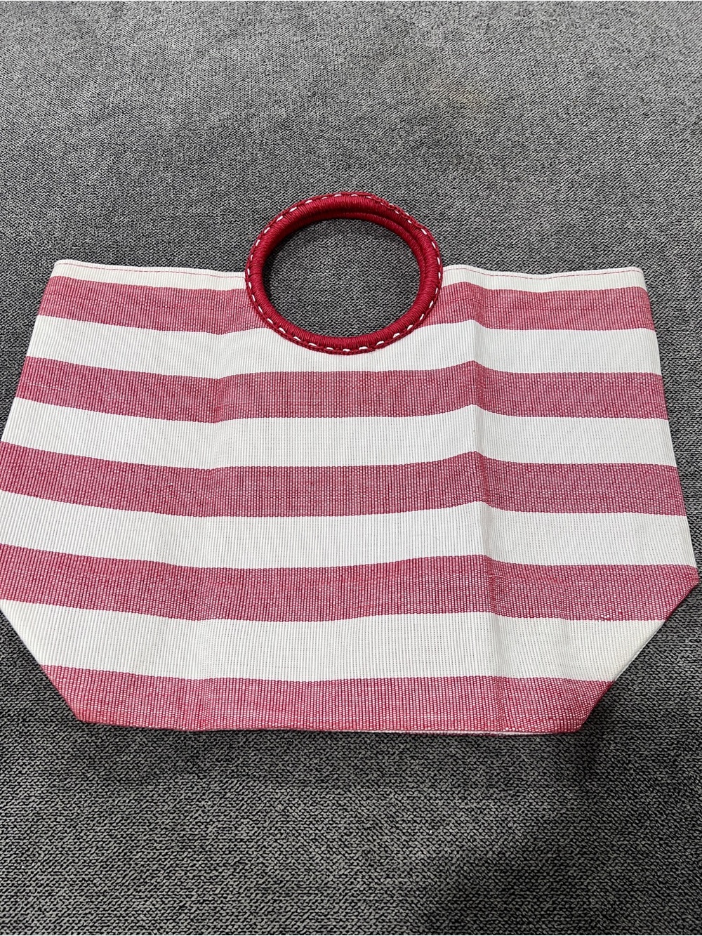 Striped Red and White Round-Handle Tote Bag